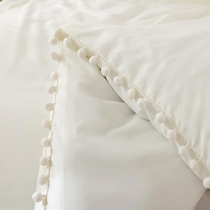 YIRDDEO Full Ivory Microfiber Comforter Set, 3pcs Boho Ball Pom Fringe Design Bedding Set (1 Comforter, 2 Pillowcases)