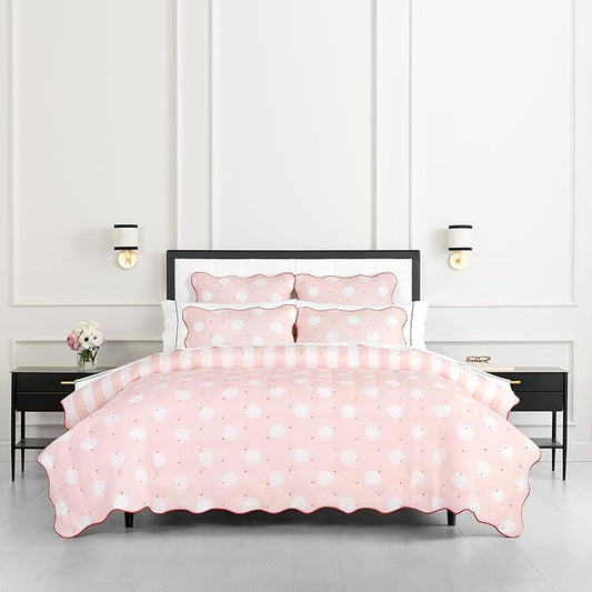 kate spade new york Stripe Dot 2-Piece Twin Quilt Bedding Set, 100% Cotton Reversible Cover, All Season Warmth Bedding, Machine Washable, Pink
