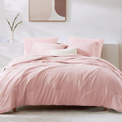 WRENSONGE Full Size Comforter Set- 7 Pieces Soft Pink Bed in a Bag Full Size Comforter with Fitted Sheet, Flat Sheet, 2 Pillow Shams, 2 Pillowcases, Warm Bedding Sets for All Season