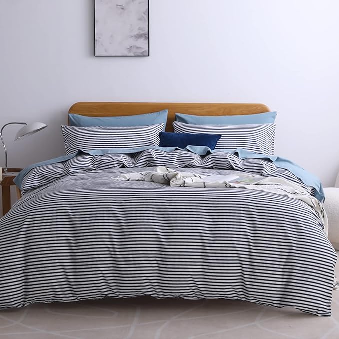 JELLYMONI 100% Natural Cotton 3pcs Striped Duvet Cover Sets,White Duvet Cover with Navy Blue Stripes Pattern Printed Comforter Cover,with Zipper Closure & Corner Ties(Full Size)