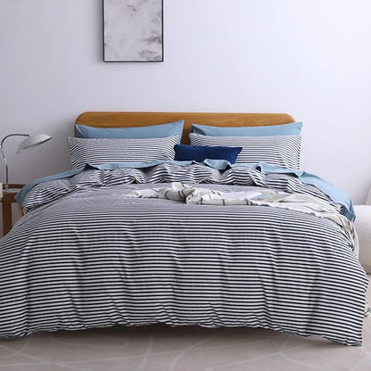 JELLYMONI 100% Natural Cotton 2pcs Striped Duvet Cover Sets,White Duvet Cover with Navy Blue Stripes Pattern Printed Comforter Cover,with Zipper Closure & Corner Ties(Twin Size)