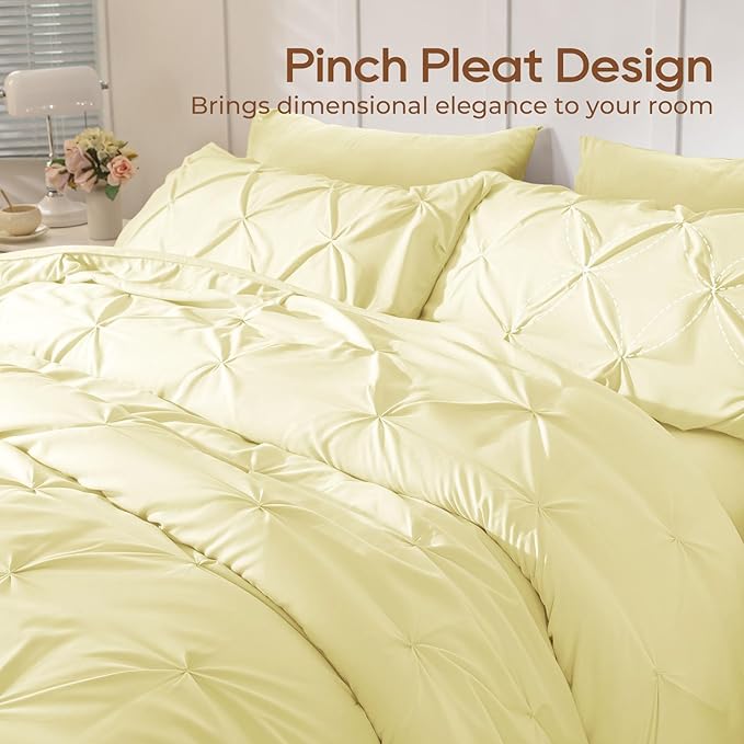 Sasttie California King Comforter Set, 7-Piece Bed in a Bag, Pintuck Bedding Sets for All Season, Includes Comforter, Flat Sheet, Fitted Sheet, Pillowcases and Pillowshams, Cream Yellow