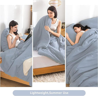 COTTEBED Solid Comforter Queen Set for Mens Women - Soft Thin Washed Cotton Ligtht Weight Full Sized Bedding Down Alternative Comforters Sets with 2 Pillow Shams (Light Dusty Blue,Queen/Full)