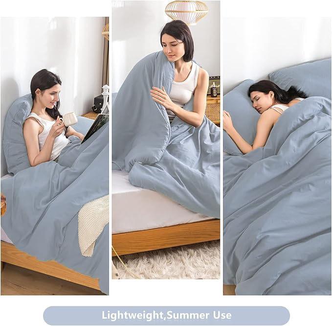 COTTEBED Solid King Bedding Comforter Sets - Super Soft Fully Thin Lightweight Washed Cotton Microfiber - 1 Bed Blanket Down Comforter and 2 Pillow Shams Set (King/California King,Light Dusty Blue)