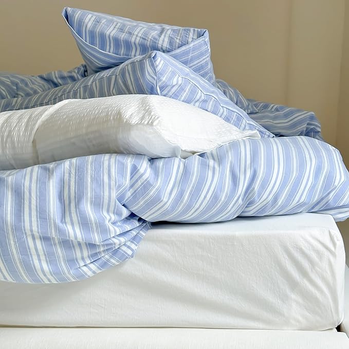 LifeTB Blue Striped Duvet Cover Twin XL, 100% Washed Cotton Blue White Stripes Pattern Printed Bedding Set, 3 Pieces Breathable Comforter Cover with 2 Pillowcases, Soft Farmhouse Striped Bedding Set