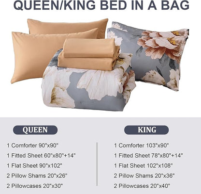 Dobuyly Floral Comforter Set King Size, Brown Flower Printed on Grey Comforter Set with Sheets, 7 Piece Botanical Bed in a Bag, Soft Microfiber Farmhouse Bedding Set for All Season
