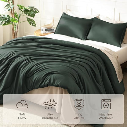 Litanika Forest Green Comforter Set Queen Size, 3 Pieces Lightweight Solid Bedding Comforter Set, All Season Fluffy Bed Set (90x90In Comforter & 2 Pillowcases)