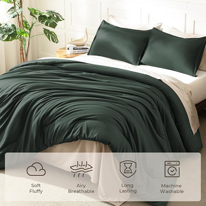 Litanika Forest Green Comforters Oversized Queen Size, 3 Pieces Lightweight Solid Bedding Comforter Set, All Season Fluffy Bed Set (98x98In Comforter & 2 Pillowcases)
