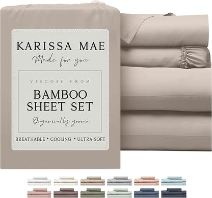 KARISSA MAE Cooling Bamboo Viscose Split King Sheet Set | 100% FSC Certified | 18” Deep Pocket | Silky, Soft, & Hypoallergenic | with Organizer Band & Elastic Corner Straps [Dune]