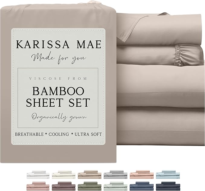 KARISSA MAE Cooling Bamboo Viscose Cal King Sheet Set | 100% FSC Certified | 18” Deep Pocket | Silky, Soft, & Hypoallergenic | with Organizer Band & Elastic Corner Straps [Dune]