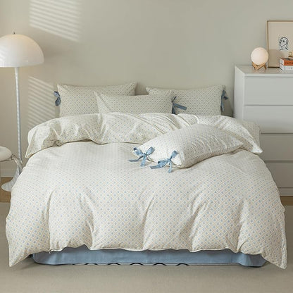 HighBuy Luxury Soft Comforter Set King Size 3 Piece Blue Floral Comforter Set Fluffy All Season with 2 Bowknot Bow Tie Pillowcases Coquette Bedding Comforters Bed Set for Women Men,Easy Care