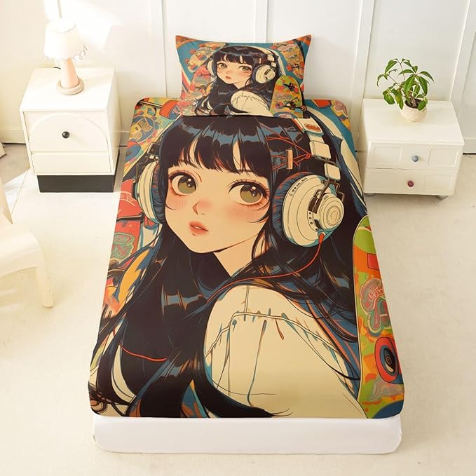 Erosebridal 2Pcs Anime Bedding Set Fashion Street Girls Fitted Sheet 3D Cartoon Printed Comfortable Soft Bed Sheets for Kids Boys Girls Teens Tattoo Watercolor Art Japanese Style Sheets Twin Size