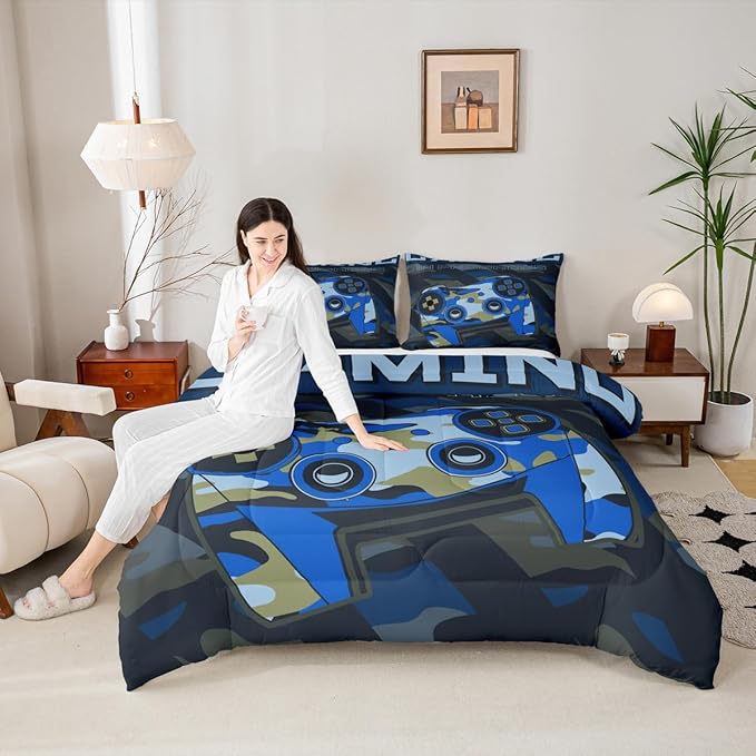 Boys Girls Gamepad Comforter Set Queen Size Teens Gamer Bedding Set Retro Blue Camouflage Video Game Controller Comforter For Kids Youth Bedroom Decor Gamer Console Action Buttons Duvet Set Microfiber