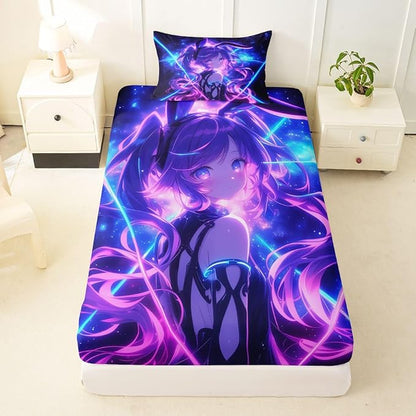 Erosebridal 3D Anime Twin Bed Sheets Japanese Girl Fitted Sheet,Girly Galaxy Stars Kids Bedding Sets Purple Neon Sheets with 1 Pillowcase