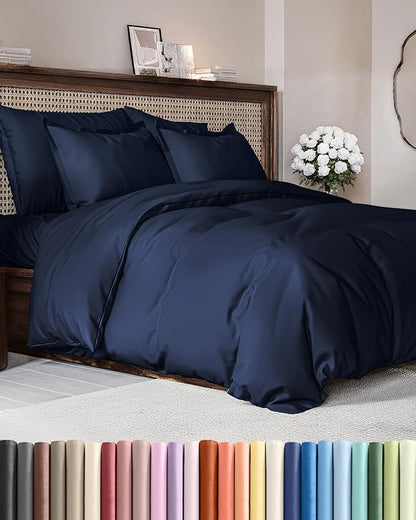 Duvet Cover Cal King Size Set - Extra Soft Cal King Duvet Cover 104" x 98" with 2 Pillow Shams - Hotel Luxury, Easy Care & Fade Free w/ Zipper Closures & Ties - Comfy, Cozy & Breathable (Navy Blue)