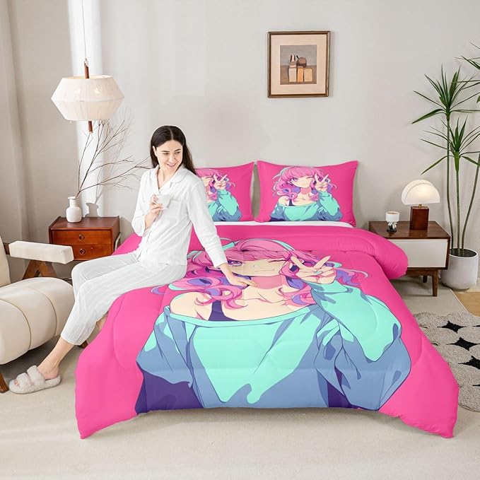 Erosebridal Japanese Anime Bedding 3D Anime Girl Comforter Set, Kawaii Japanese Style Bedding Comforter Sets Cartoon Uniform Girl Duvet Insert for Girls Hot Pink Room Decor, King
