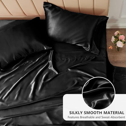 CozyLux Satin Sheets Queen Size Bed Set - 4 Piece Silky Queen Sheet Set, Luxury Black Queen Sheets with Smooth and Soft Microfiber, Includes 1 Fitted Sheet, 1 Flat Sheet and 2 Pillowcases (Pack of 2)