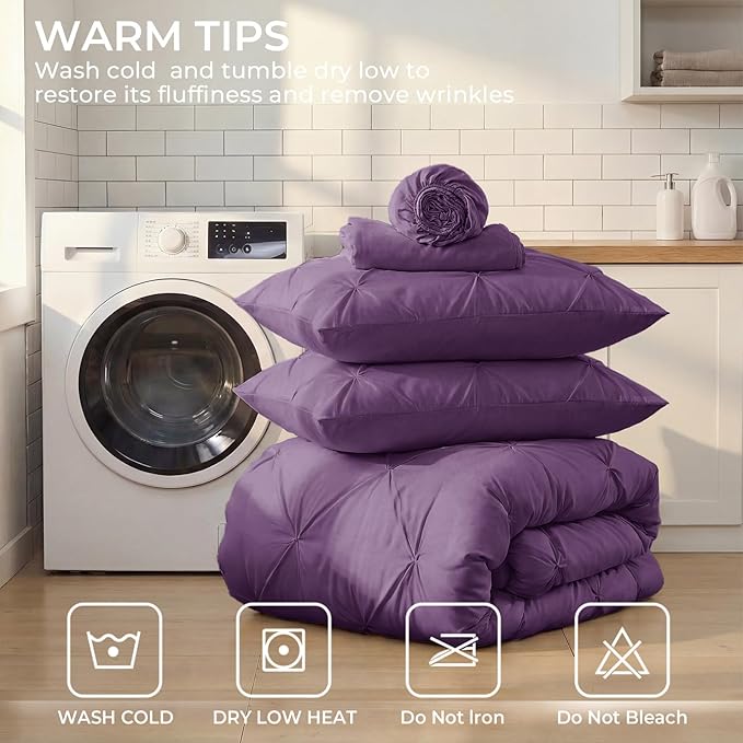 Sasttie Twin XL Comforter Set, 5-Piece Bed in a Bag, Pintuck Bedding Sets for All Season, Includes Comforter, Flat Sheet, Fitted Sheet, Pillowcase and Pillowsham, Grape Purple