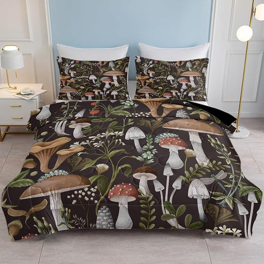 SOULZZZ Soft Mushroom Printed Comforter Twin- Luxurious Forest Natural Brown Mushroom Bedding Set - Mushroom Home Decor Bed Set for Girls Boys