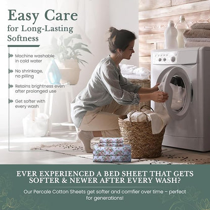 Feather & Stitch Softest 100% Cotton Sheets, 300 Thread Count Percale Weave Bedding, 16" Deep Pocket, Cooling Sheets, Breathable Bed Set, Hotel Premium Quality (Queen, Floral)
