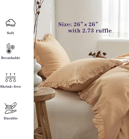 Simple&Opulence 100% Linen Euro Sham Covers with Ruffle, 26x26 Inch Pillow Covers Set of 2, Euro Pillow Shams for Bed Couch French Home Decor Luxury and Breathable Square Pillow Cases, Sand