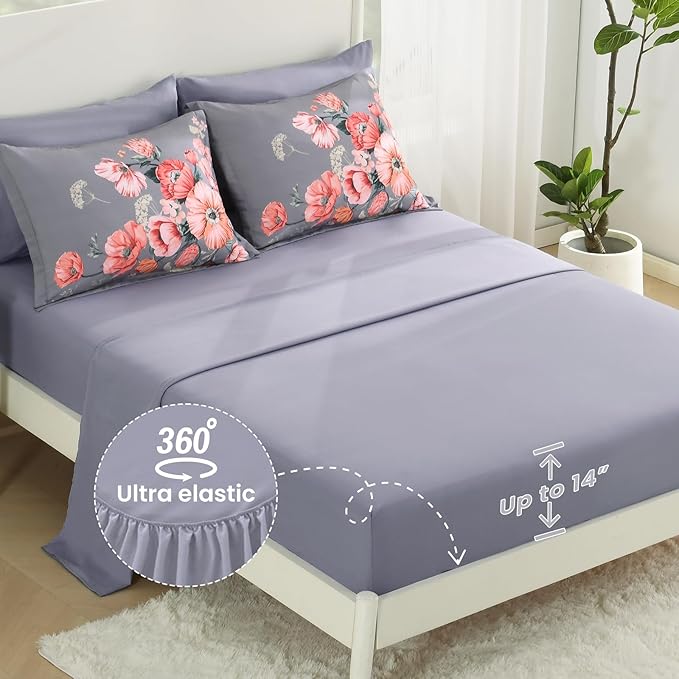 Queen Comforter Set - 7 Pieces Bed in a Bag Dark Grey Floral Queen Comforter Set with Sheets, Soft Microfiber Flower Complete Bedding Set for All Seasons（Dark Grey,90"x90"）