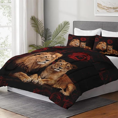 Twin Size Comforter Set with Pillowcase, Lion Family Soft 2 Pcs Bedding for Kids and Adults Bedroom Bed Decor