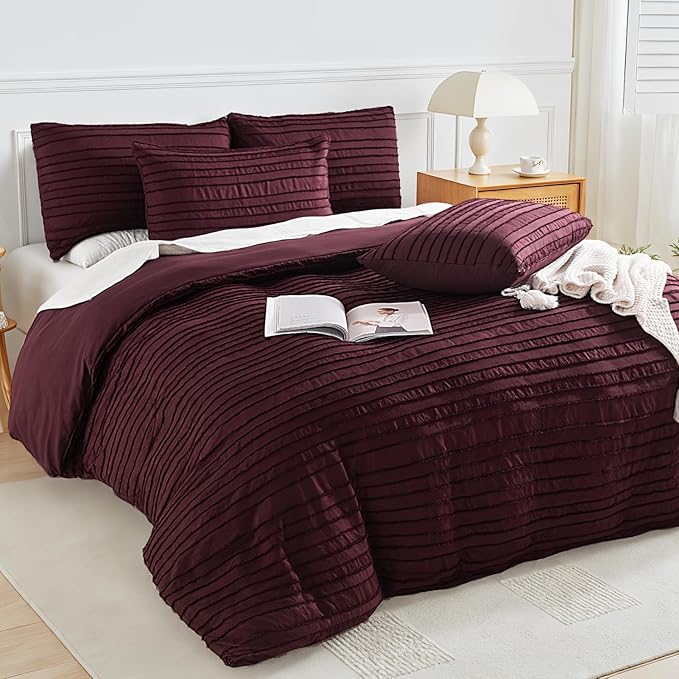 NEXHOME PRO Duvet Cover Queen,3 Pieces Boho Tufted Duvet Cover Set, Soft and Lightweight 100% Washed Microfiber Comforter Cover Set for All Season(Burgundy,90 x 90)-No Comforter