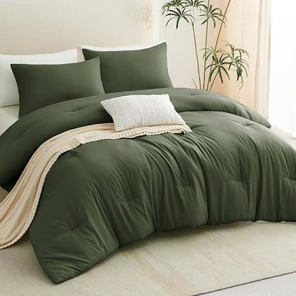 CozyLux Oversized Queen Comforter Set Olive Green, 3 Pieces 98x98 Solid Breathable Quilted Bedding Sets All Season, Luxury Soft Lightweight Bed Set with Down Alternative Comforter and 2 Pillowcases