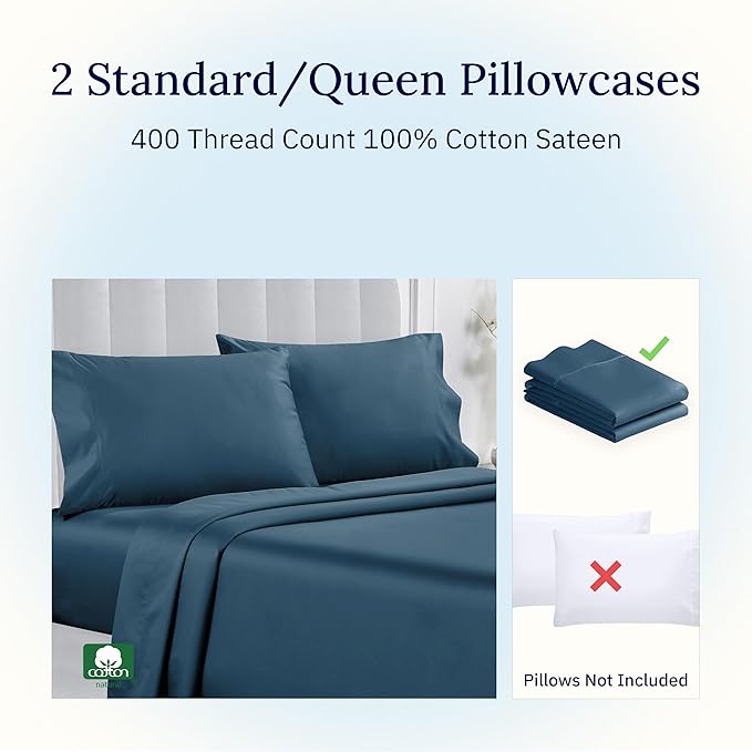 Standard Queen Size Pillowcase Set - 400 Thread Count, 100% Cotton Sateen, Set of 2 Pillow Covers, Soft and Breathable - Peacock Blue