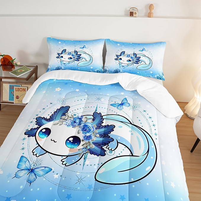 Cartoon Axolotl Bedding Comforter Set King Size, Cute Ocean Animal for Kids Girls Room Decor, Blue With Butterfly Flowers and 2 Pillowcases
