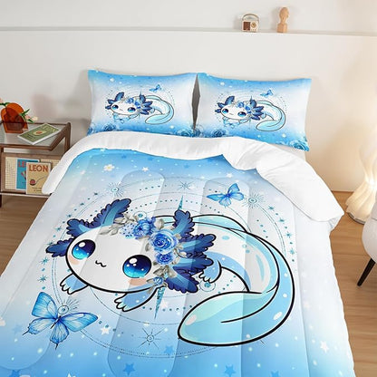 Cartoon Axolotl Comforter Twin Size,Cute Ocean Animal Bedding Set for Teens Girls Room Decor,Blue Comforter Set with 2 Pillowcases.