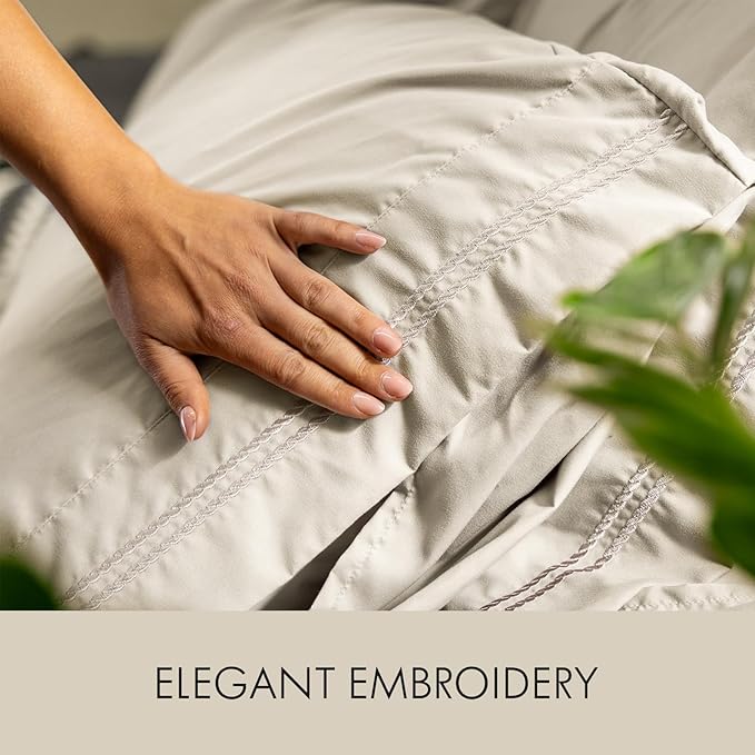 ClevaHome Queen Size Sheet Set - 6 Piece Soft Breathable Luxury Bed Sheet Set - Shrinkage & Fade Resistant Embroidered Bedding Sheet with Deep Pocket, 2 Extra Pillowcases (Queen, Oat Milk)