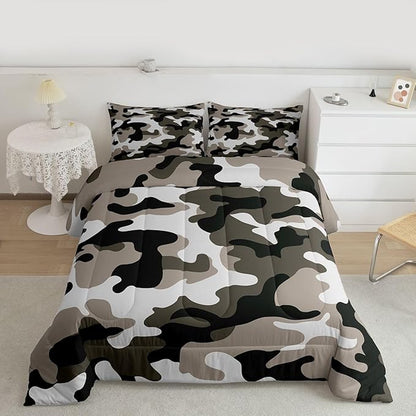 Camouflage Comforter Set Grey Camo Bedding Sets Queen Size Militarily Army Down Comforter For Boys Teens Men Adult Tie Dye Retro Geometric Warm Soft Quilted Duvet 3Pcs Bedroom Decor, All Season