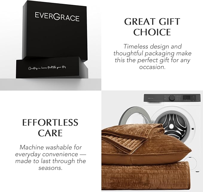 EVERGRACE Velvet Quilt Set Queen Size, Luxurious Soft Striped Channel Bedding Set, Lightweight Velvet Comforter for All Season, Oversized Bedspread Coverlet with 2 Matching Shams, Dark Brown