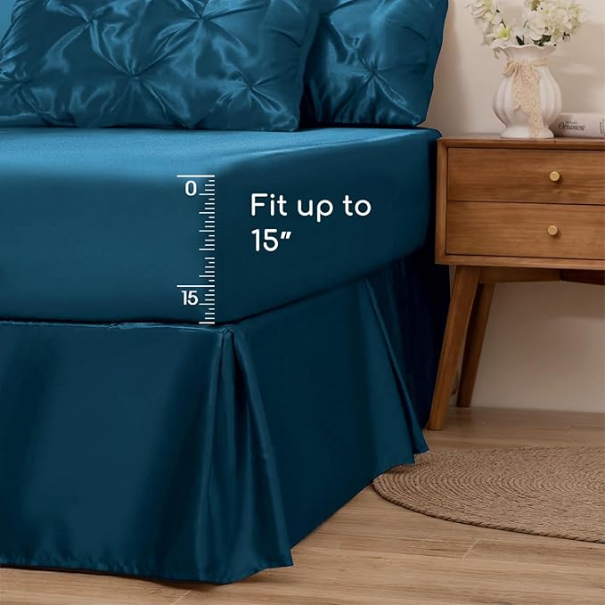 MR&HM Satin Comforter Queen 7 Pieces - Luxurious Pinch Pleat Bedding Set with Comforter, Flat Sheet, Fitted Sheet, Pillowcases & Shams, Super Silky Soft Bed Set for All Season (Queen, Teal)