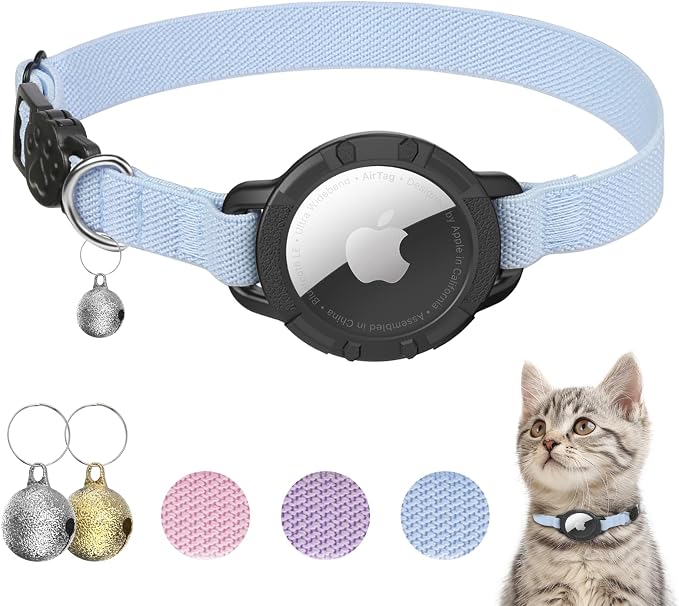 AirTag Cat Collars, Stretchy Collar with Air Tag Holder and Bell | Breakaway - Ultra Design Elastic - GPS Tracking Collars - Adjustable Size for Cats & Puppies 7.5-12.5" - (Blue)