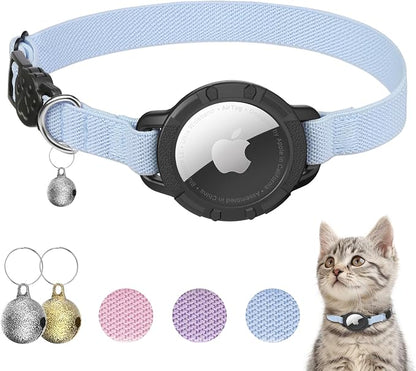 AirTag Cat Collars, Stretchy Collar with Air Tag Holder and Bell | Breakaway - Ultra Design Elastic - GPS Tracking Collars - Adjustable Size for Cats & Puppies 7.5-12.5" - (Blue)