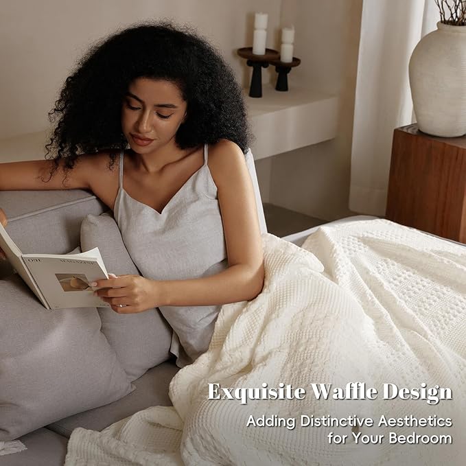 PHF 100% Cotton Waffle Weave Blanket Twin Size for Bed, Soft Lightweight & Breathable for Spring and Summer, All-Season Comfort, Luxury Aesthetic Blanket for Home Decor, 66"x90", Ivory