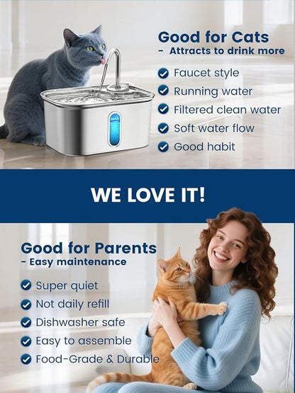 Cat Water Fountain Stainless Steel for Cats Indoor 2.5L 85oz by BPA-Free SUS304, Effective 6-Layer Filter Cat Fountain for Drinking 20dB Ultra Quiet Metal Pet Water Fountain (Fountain+1 Filter)