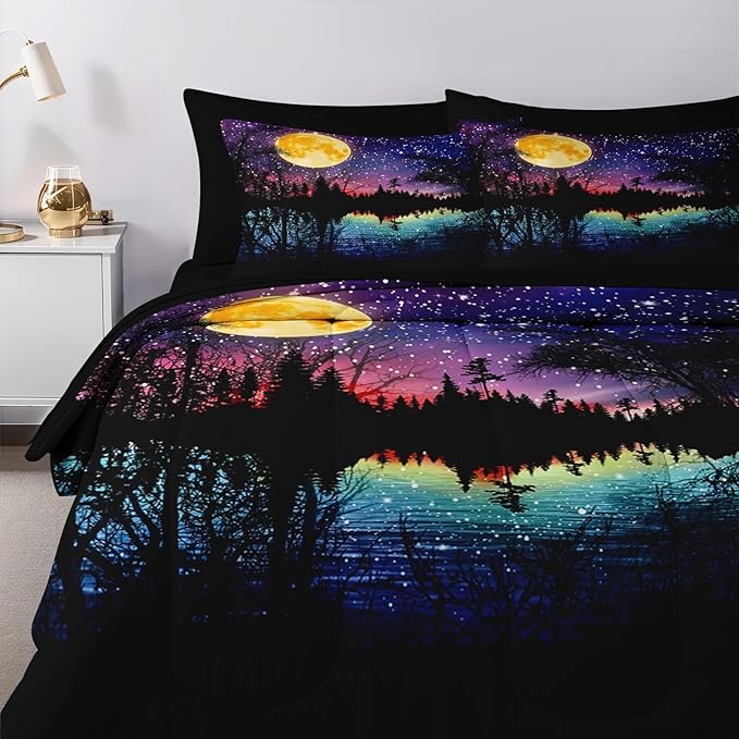 Nesker Comforter Set Full Size, Starry Woodland Fantasy 7 Pcs Bedding for Kids and Adults, Purple Lake Moonlight Bed Sheet Sets with Fitted Sheet 2 Pillowcases & 2 Shams