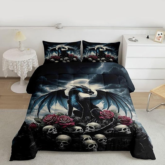 Feelyou Dragon Bedding Set Soft for Boys Girls,Dragon Stuff Comforter Set Queen Size Wild Life Duvet Quilt Microfiber Magic Wildlife Bedroom Decor Blackish 3 Pcs with 2 Pillow Cases