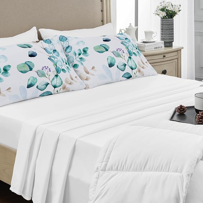 YIYEA Pillow Cases Queen Size Set of 4, Ultra Soft 1800TC Hotel Quality Double Brushed Microfiber Embroidered Pillowcases and Floral Pillow Covers, Envelope Closure, Fade Resistant (20"x30")