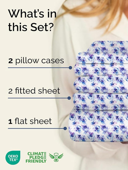 Floral Sheets - Flower Print Bed Sheet Set - 1 Flat, 1 Fitted & 1 Pillowcase w/ Deep Pockets - Comfy, Cozy, Wrinkle & Fade Free - Boho Botanical Bedding - Soft, Breathable & Cooling - Twin Size Set
