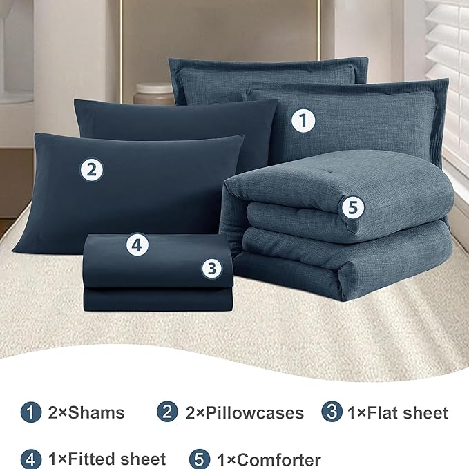 Geniospin King Size Comforter Set- 7 Piece Navy Blue Textured King Bedding Set, Soft Solid Bed in a Bag for All Season, King Comforter Set with Sheets(Navy Blue,102''x90'')