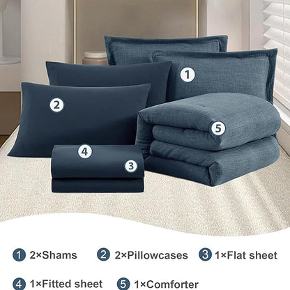 Geniospin Full Comforter Set - 7 Pieces Comforter Full Size, Solid Bedding Sets for All Season, Textured Bed in a Bag with Flat Sheet and Fitted Sheet, Pillowcases and Shams (Navy Blue, 80''x90'')