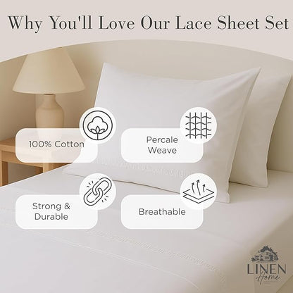 Linen Home 100% Cotton Percale Interlocked Loops Lace Pillowcases King Size, White, 2 Pieces of Pillow Case, Crisp and Cool Strong Bed Linen, 20 inches X 40 inches
