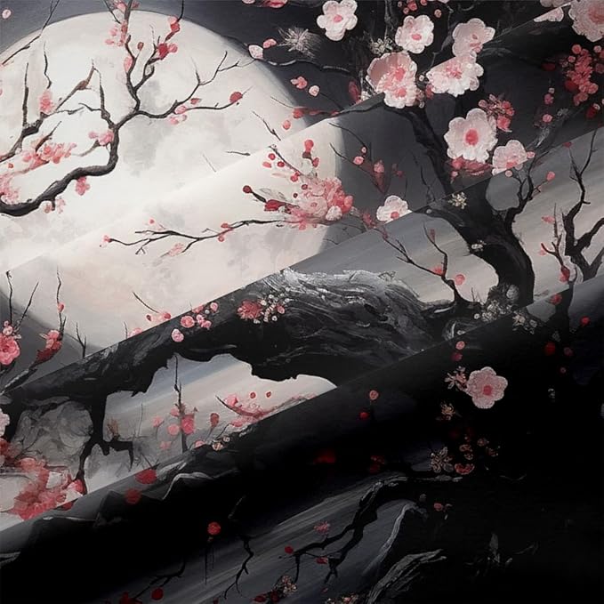 Japanese Style Cherry Blossom Comforter Set King Pink Cherry Blossoms Bedding Black Floral Bedding Set 3Pcs Oriental Comforter Asian Art Decorative Bedding Comforter Set for All Season