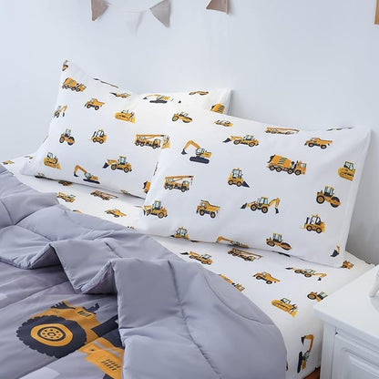 Cokouchyi Full Size Comforter Set for Boys, 5-Piece Bed in a Bag, 3D Construction Bedding Comforter Sheet Set, Ultra Soft and Fluffy, Cartoon Truck Cars