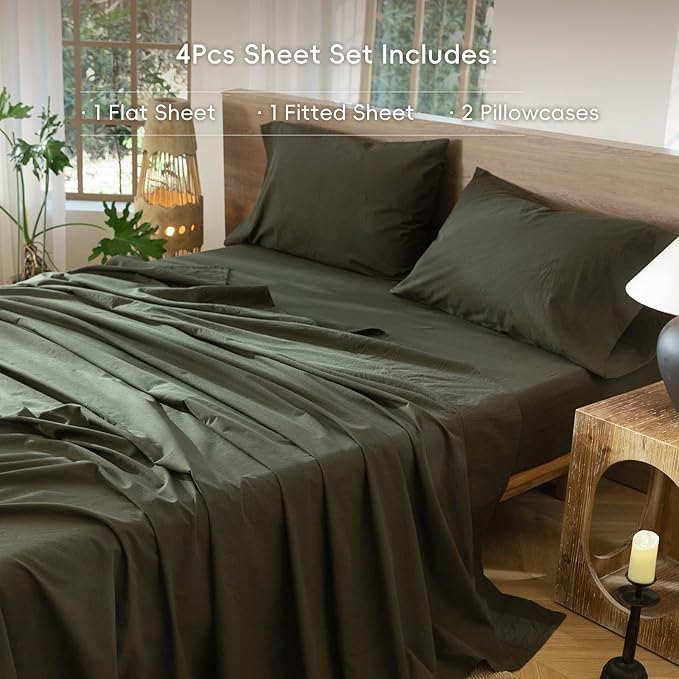 MooMee Bedding Sheet Set 100% Washed Cotton Linen Like Textured Breathable Durable Soft Comfy (Solid Olive Green, Queen)